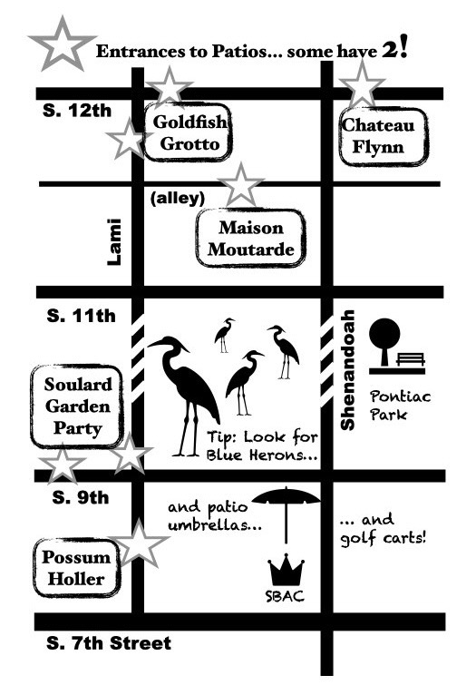 Hand-drawn map of the South Soulard Patio Crawl: S. 12th, S. 11th, S. 9th and S. 7th Streets crossed by Lami and Shenandoah, with Goldfish Grotto, Maison Moutarde, Chateau Flynn, the Soulard Garden Party and Possum Holler labeled. Stars mark patio entrances, and some patios have two. The map's tip: look for blue herons, patio umbrellas and golf carts.